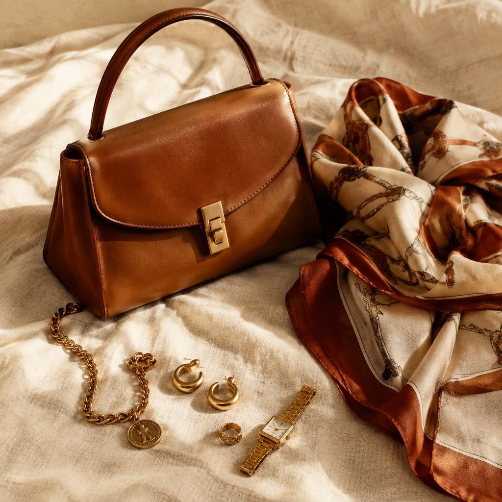Bolso de cuero, pañuelo y joyería vintage sobre lino crema
