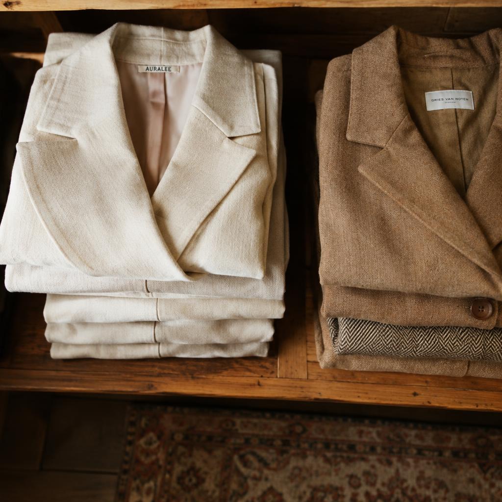Blazers y abrigos vintage doblados en un estante de madera