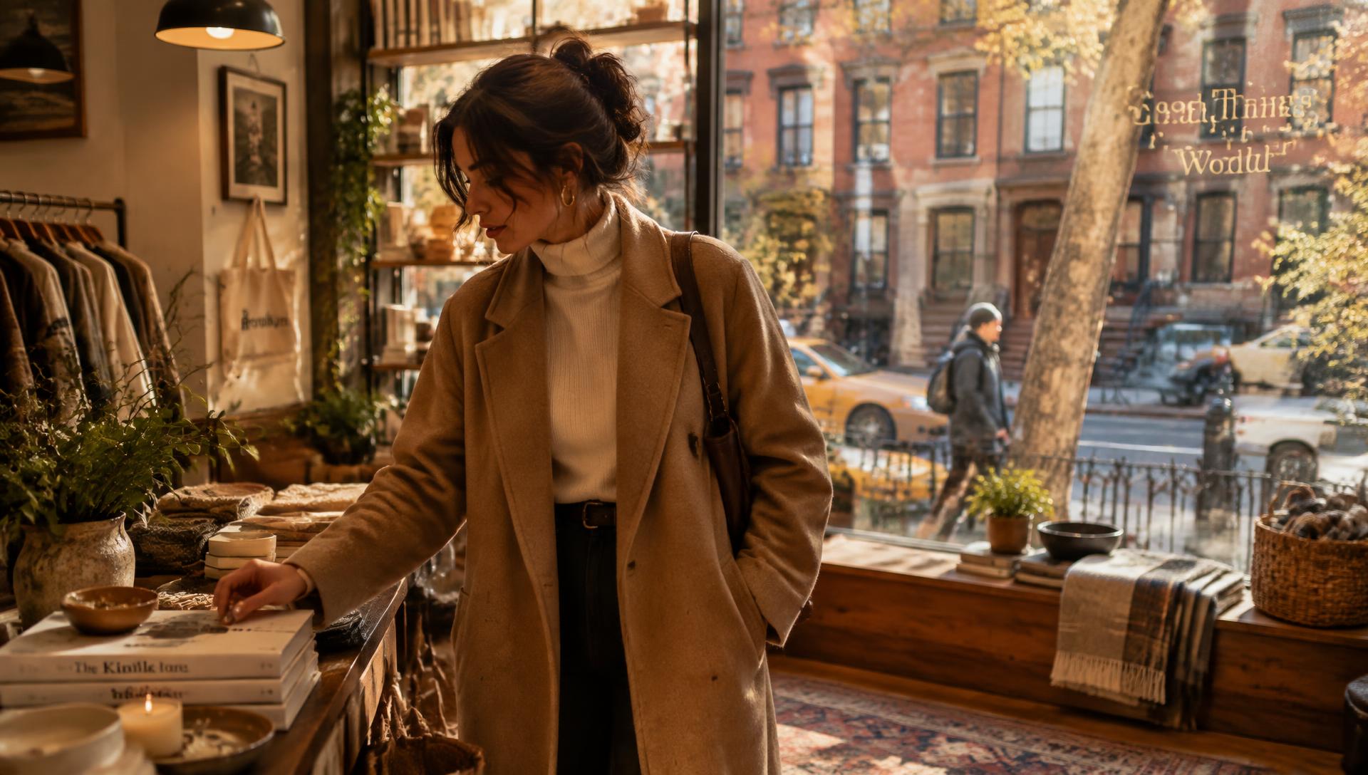 Mujer con abrigo beige en una boutique de Brooklyn con vista a edificios de Nueva York