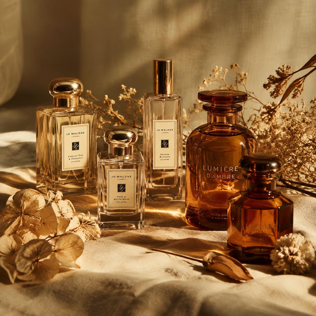 Frascos de perfume en vidrio ambar sobre lino crema con flores secas