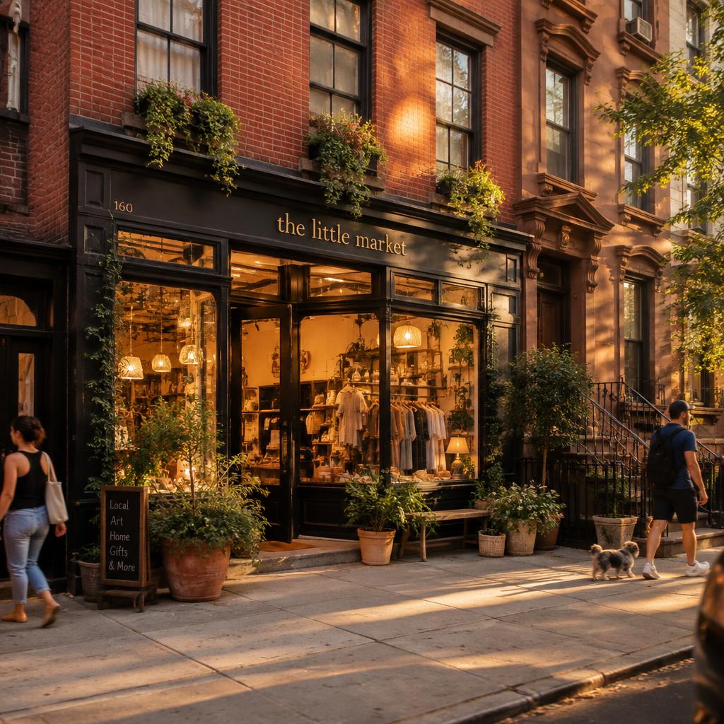 Fachada de boutique en Brooklyn con brownstones de Nueva York